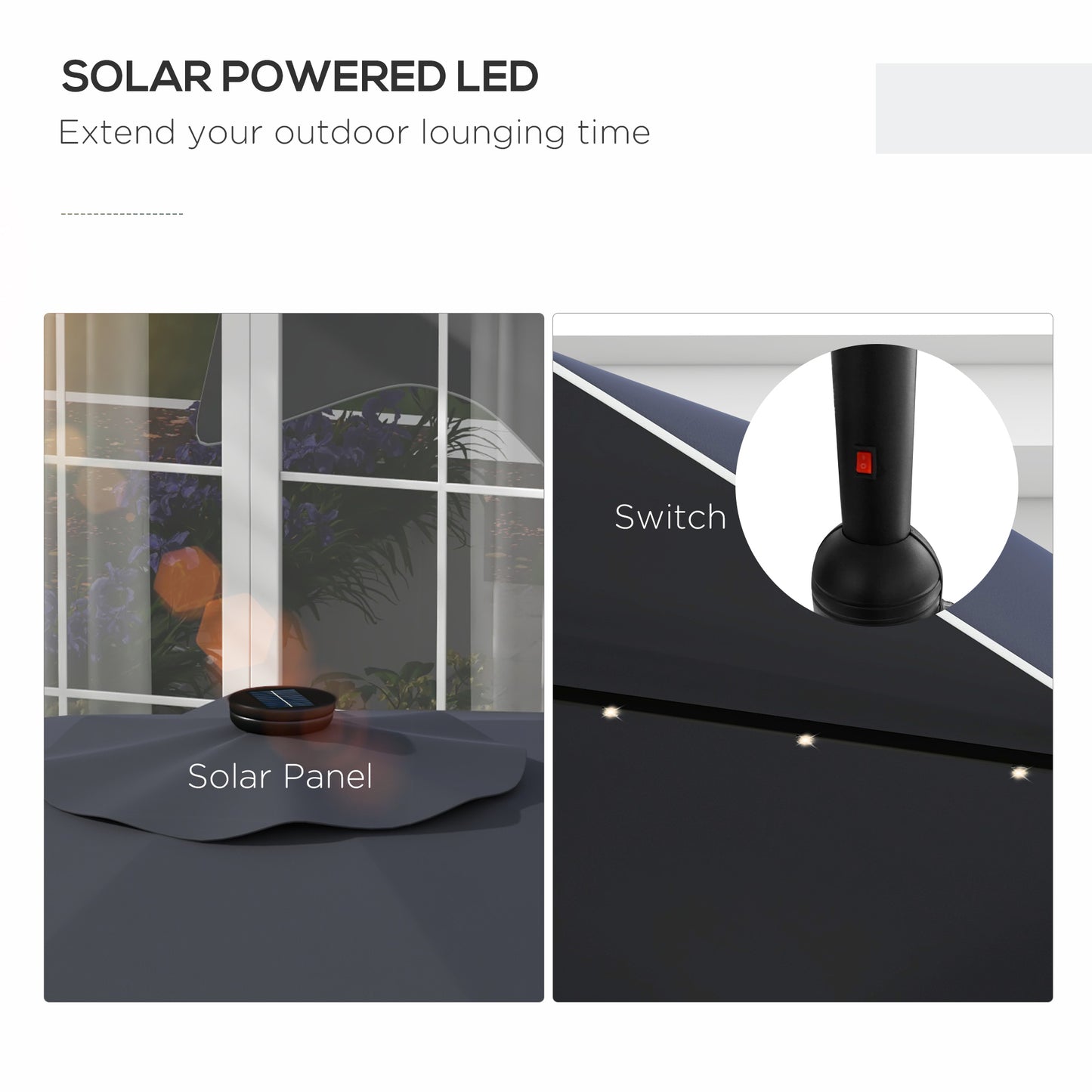 Solar-powered LED light system with solar panel and switch on a white background