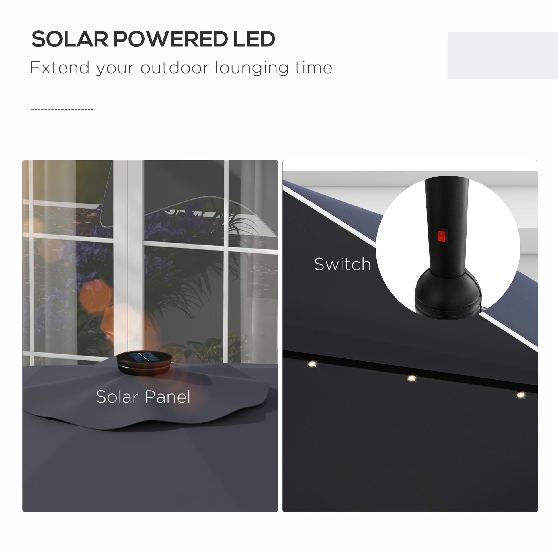 Solar-powered LED light system with solar panel and switch on a white background