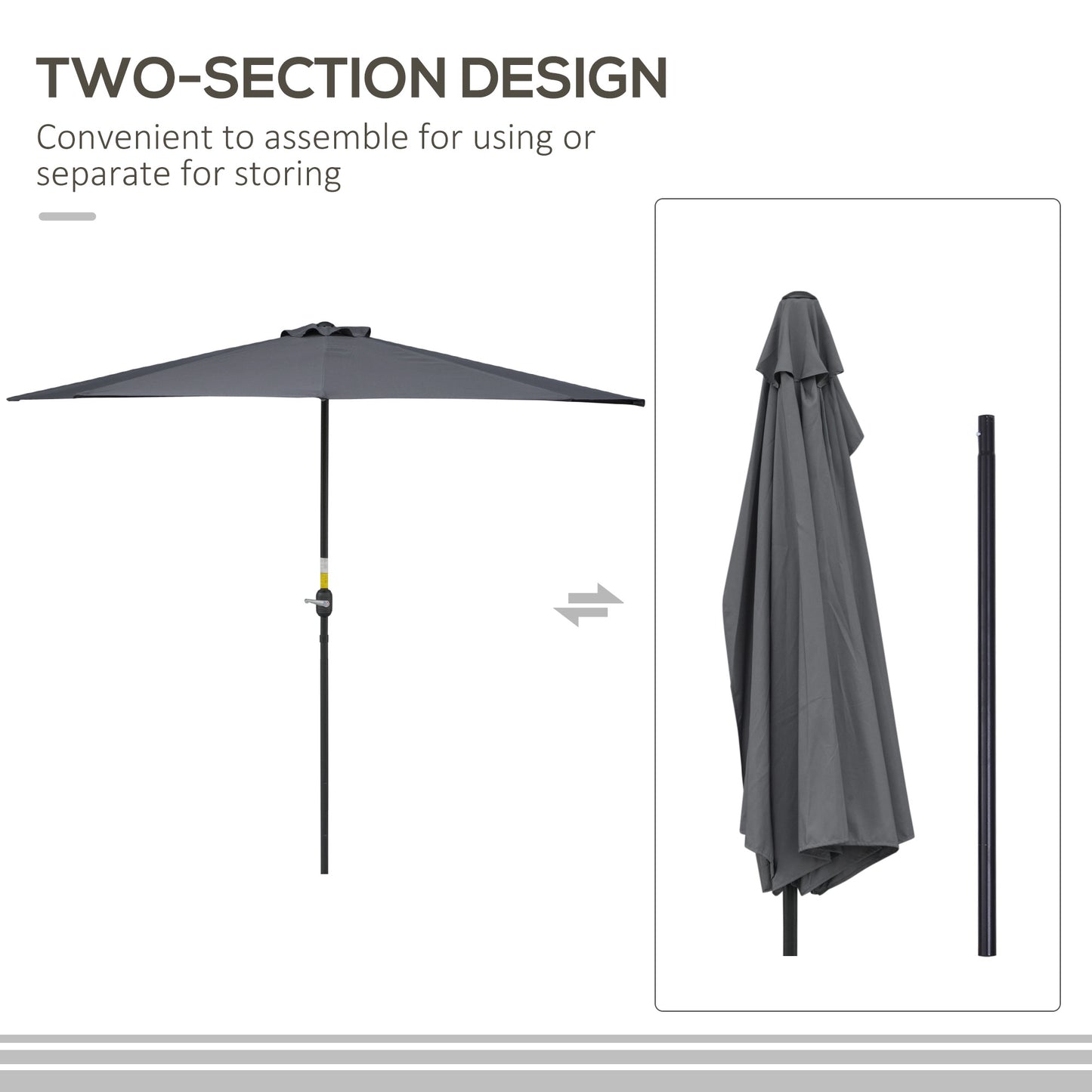 Gray outdoor umbrella with two-section design on a white background