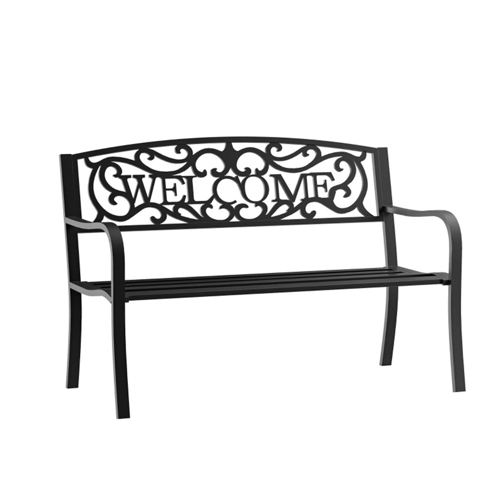Black metal bench with 'WELCOME' design on a white background