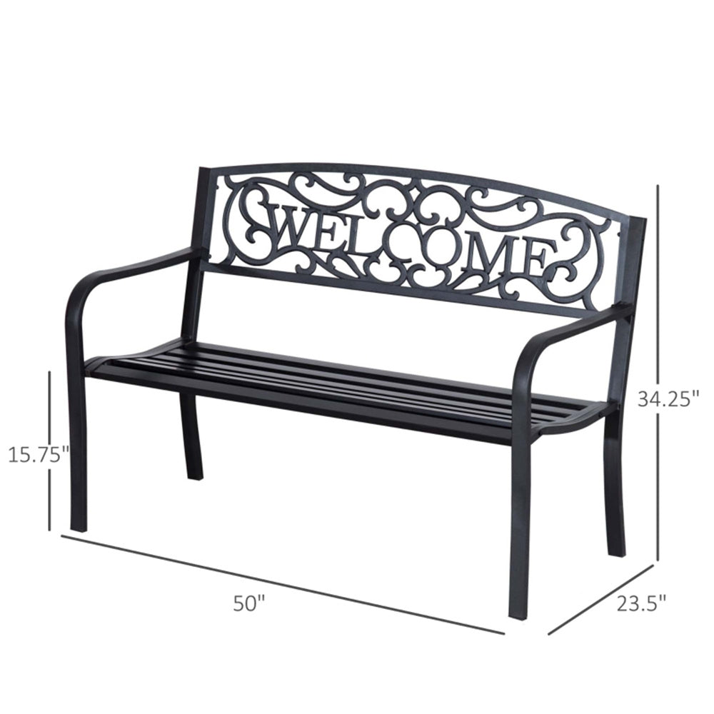 Black metal bench with 'Welcome' design on the backrest, shown with dimensions.