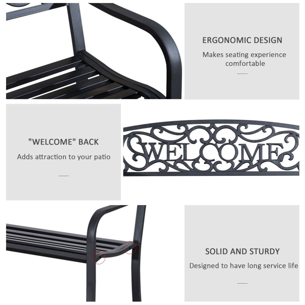 Black metal bench with decorative 'Welcome' backrest on a white background