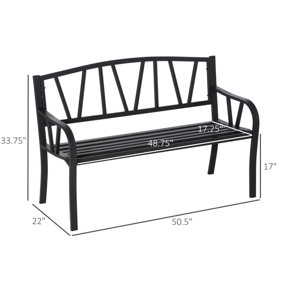 Black metal bench with dimensions labeled on a white background