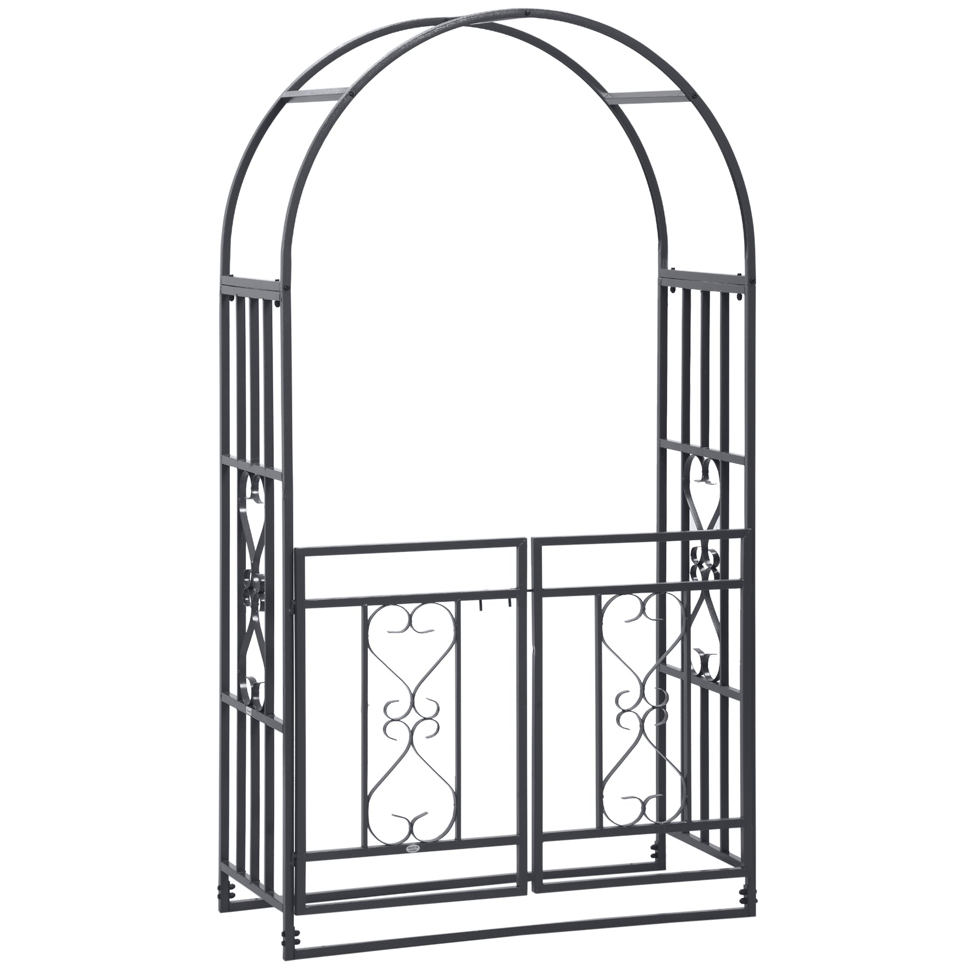 Black metal garden arch with decorative patterns on a white background