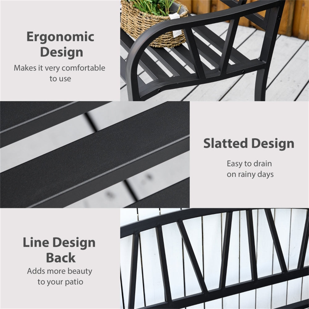 Black metal railing with ergonomic, slatted, and line design features on a patio background.