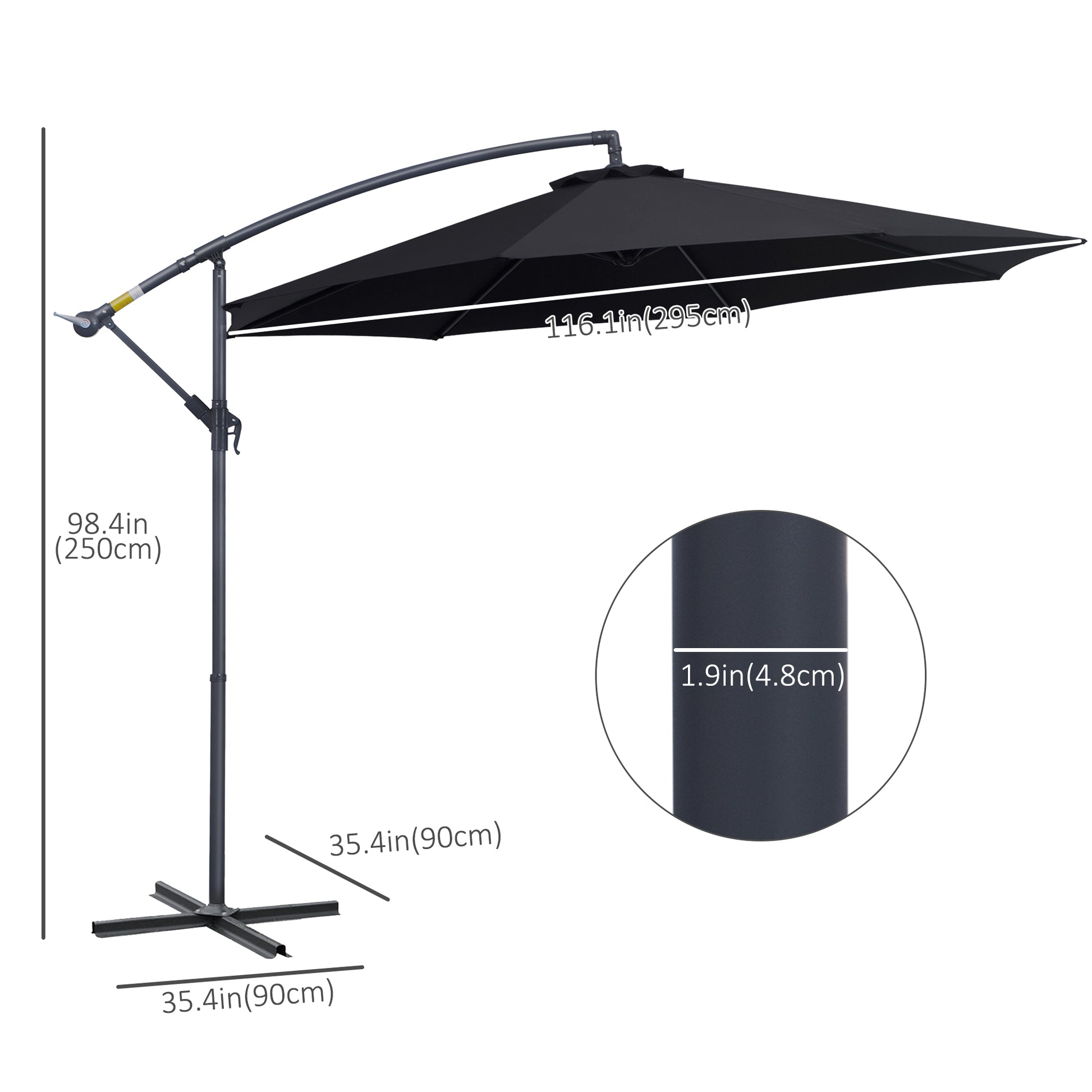 Black patio umbrella with measurement details on a white background