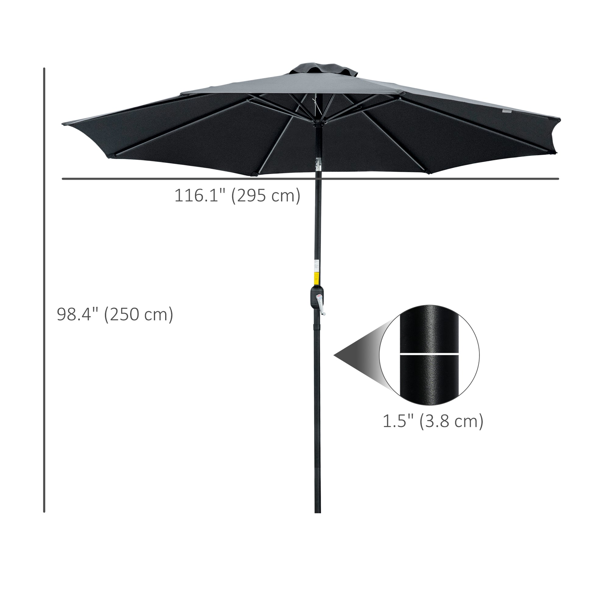 Black patio umbrella with measurements on a white background