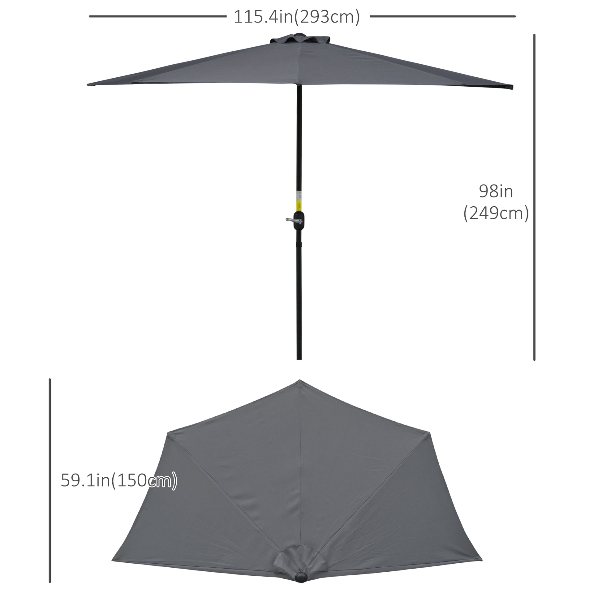 Gray patio umbrella with measurements on a white background