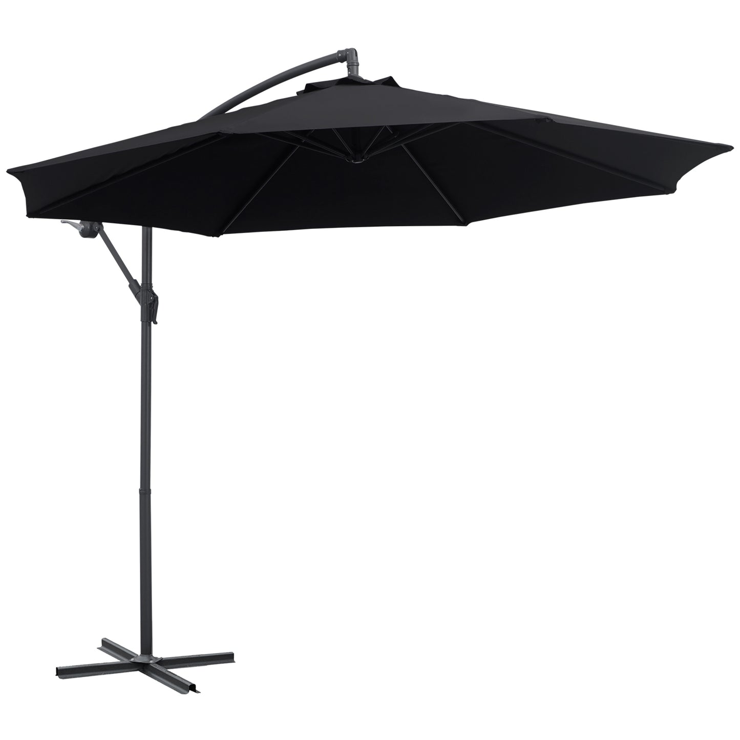 Black patio umbrella with a stand on a white background