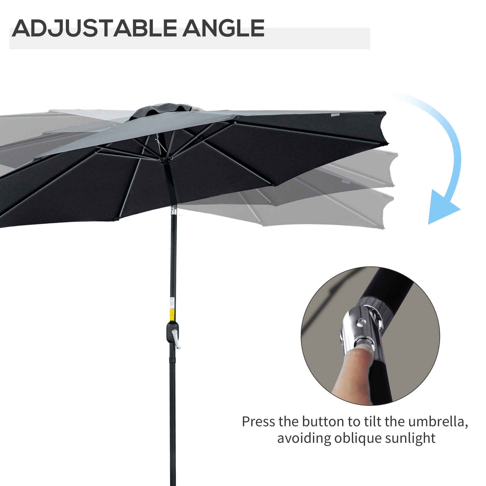 Black patio umbrella with adjustable angle feature on a white background