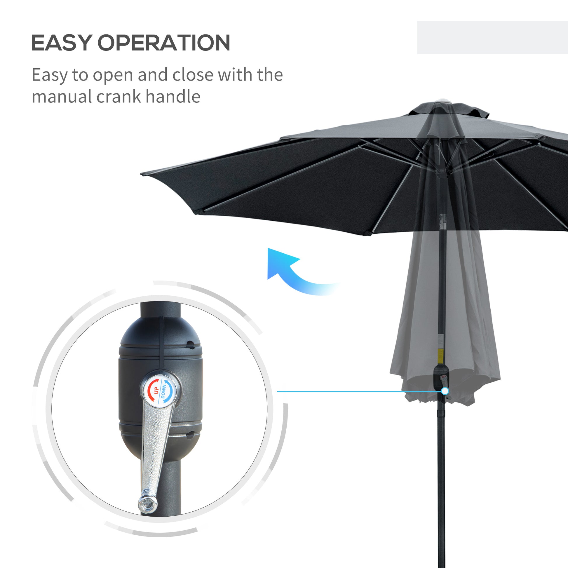 Black patio umbrella with manual crank handle on a white background