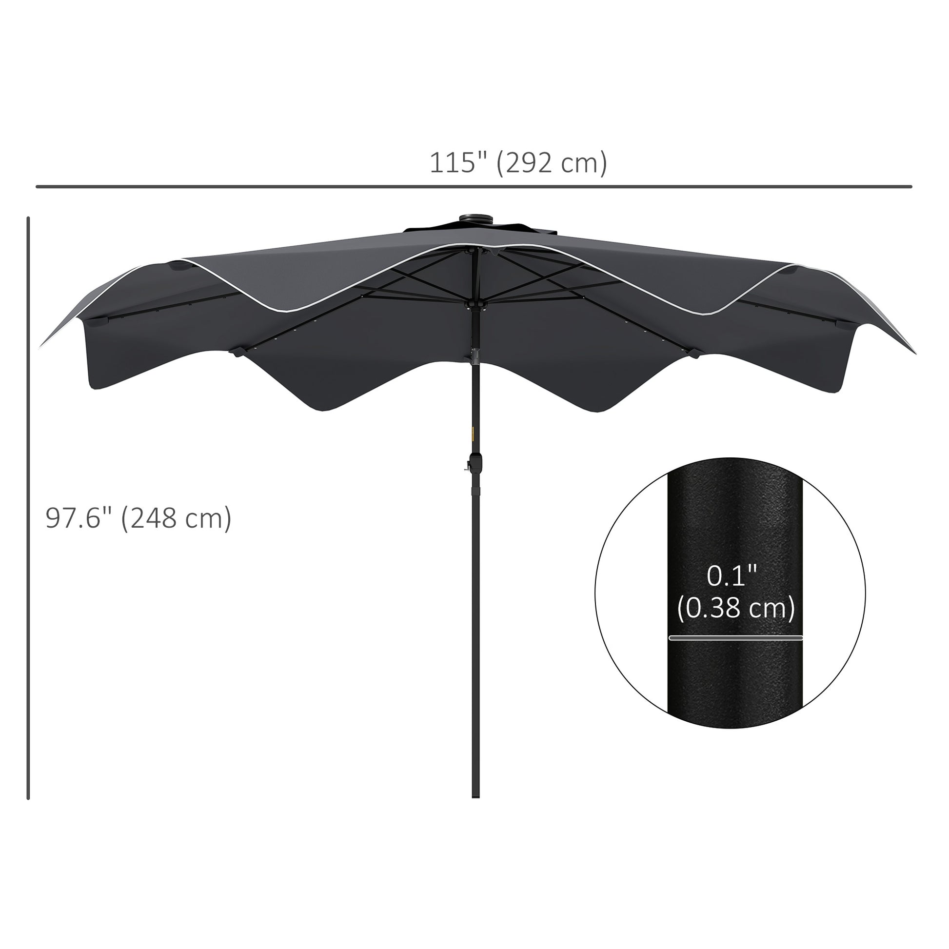 Black patio umbrella with measurements on a white background