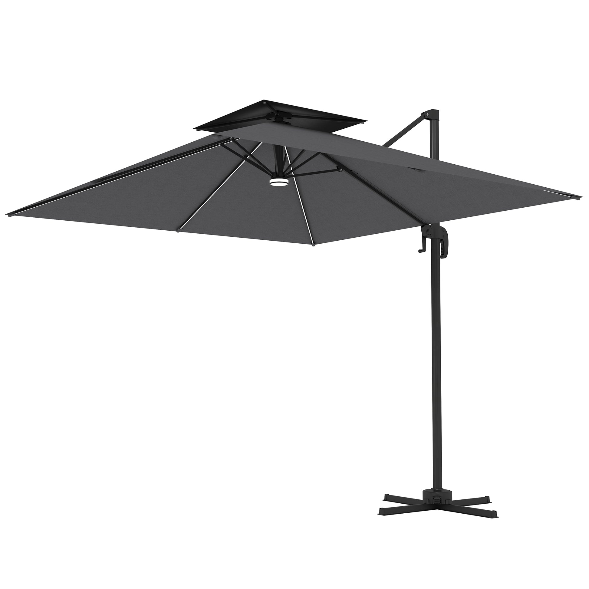 Black patio umbrella with stand on a white background