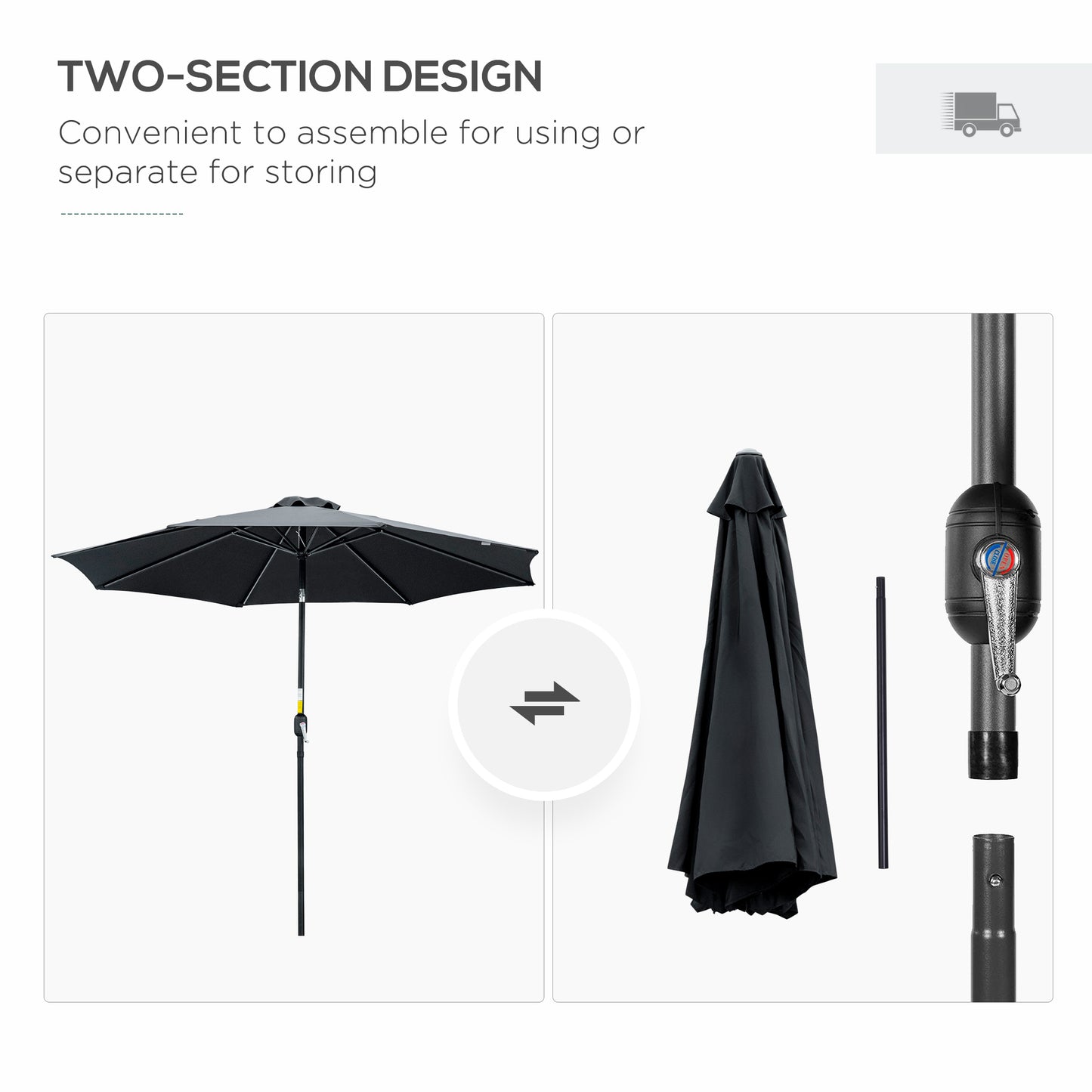 Black patio umbrella with two-section design on a white background