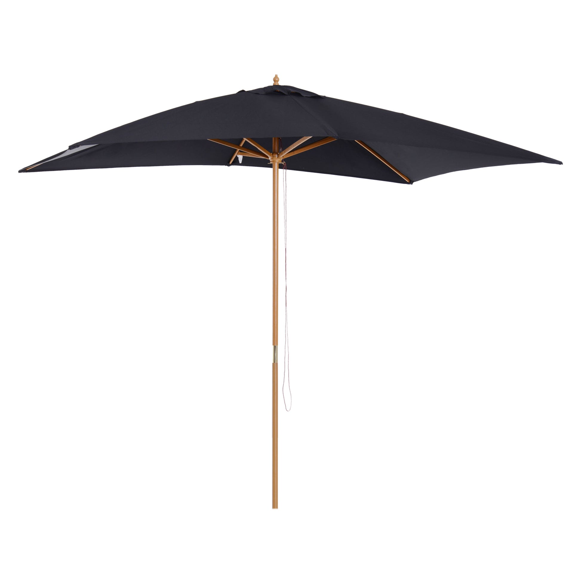 Black patio umbrella with wooden frame on a white background