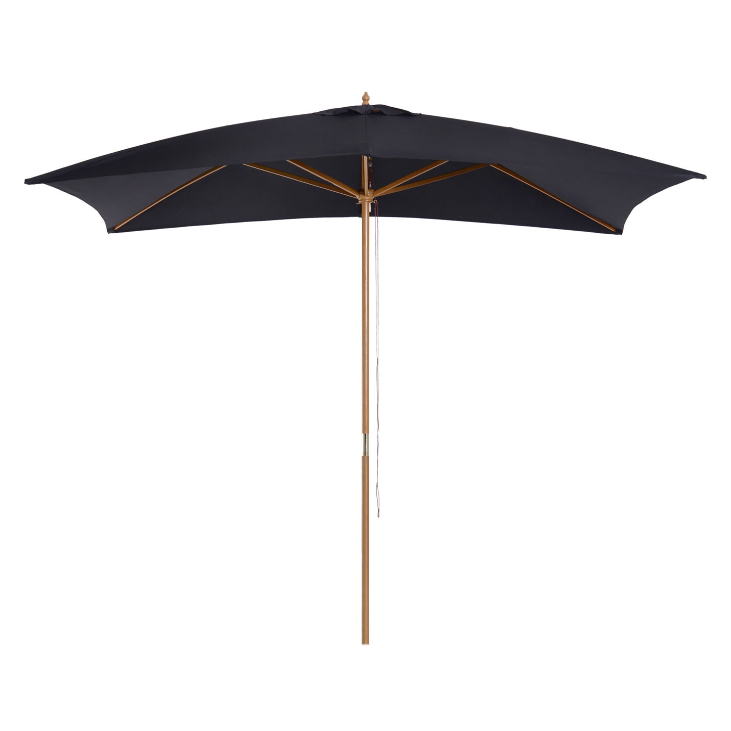 Black patio umbrella with wooden pole on a white background