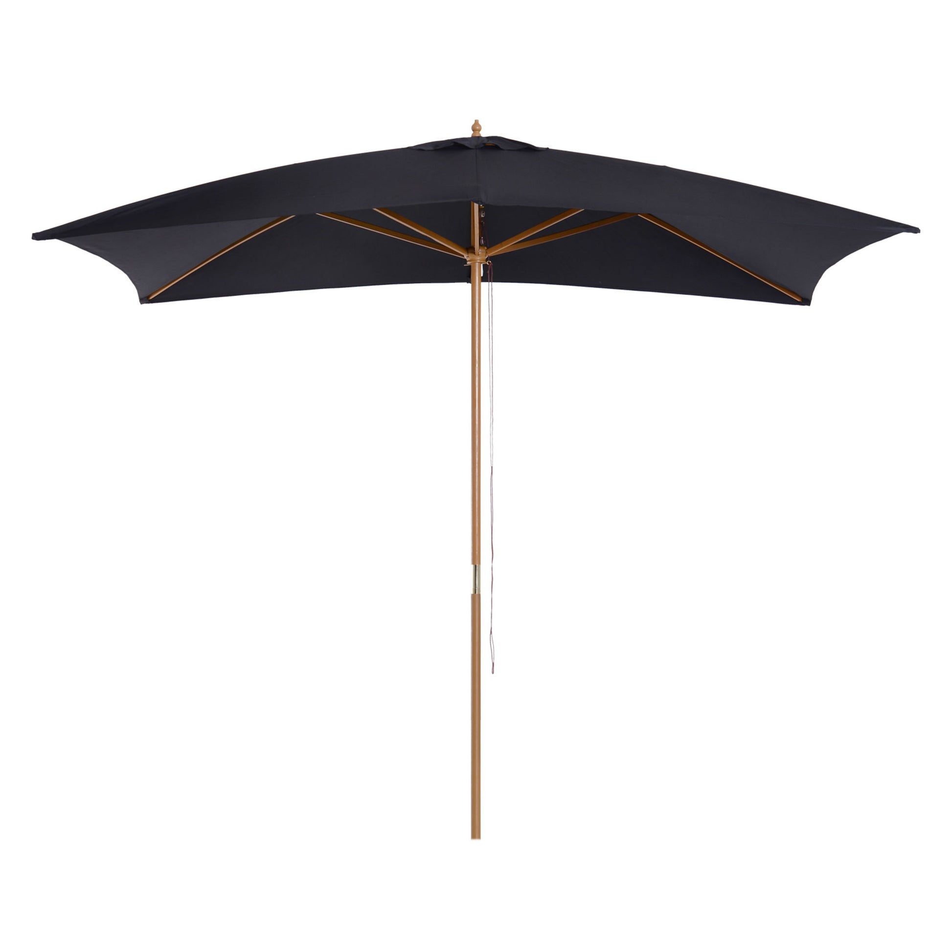 Black patio umbrella with wooden pole on a white background