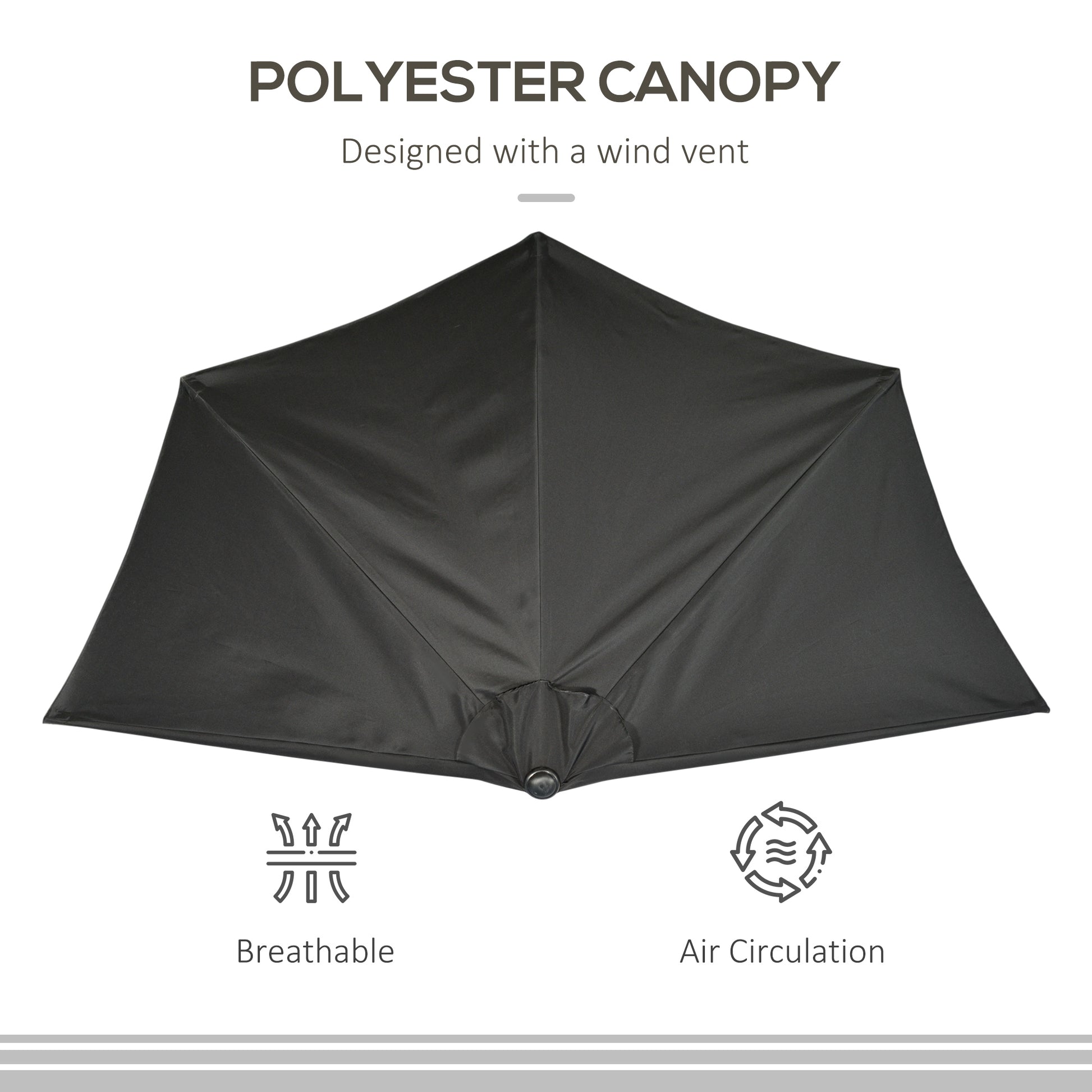 Black polyester canopy with text and icons on a white background