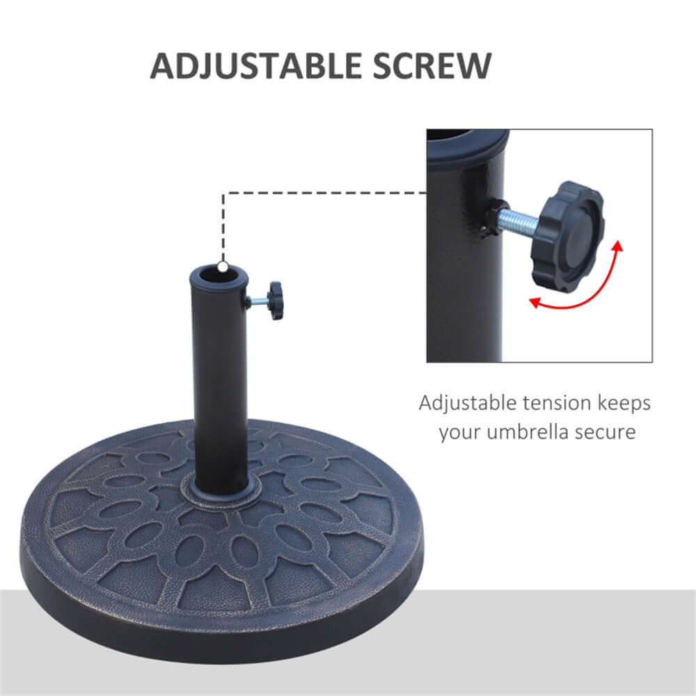 Black umbrella base with adjustable screw mechanism on a white background