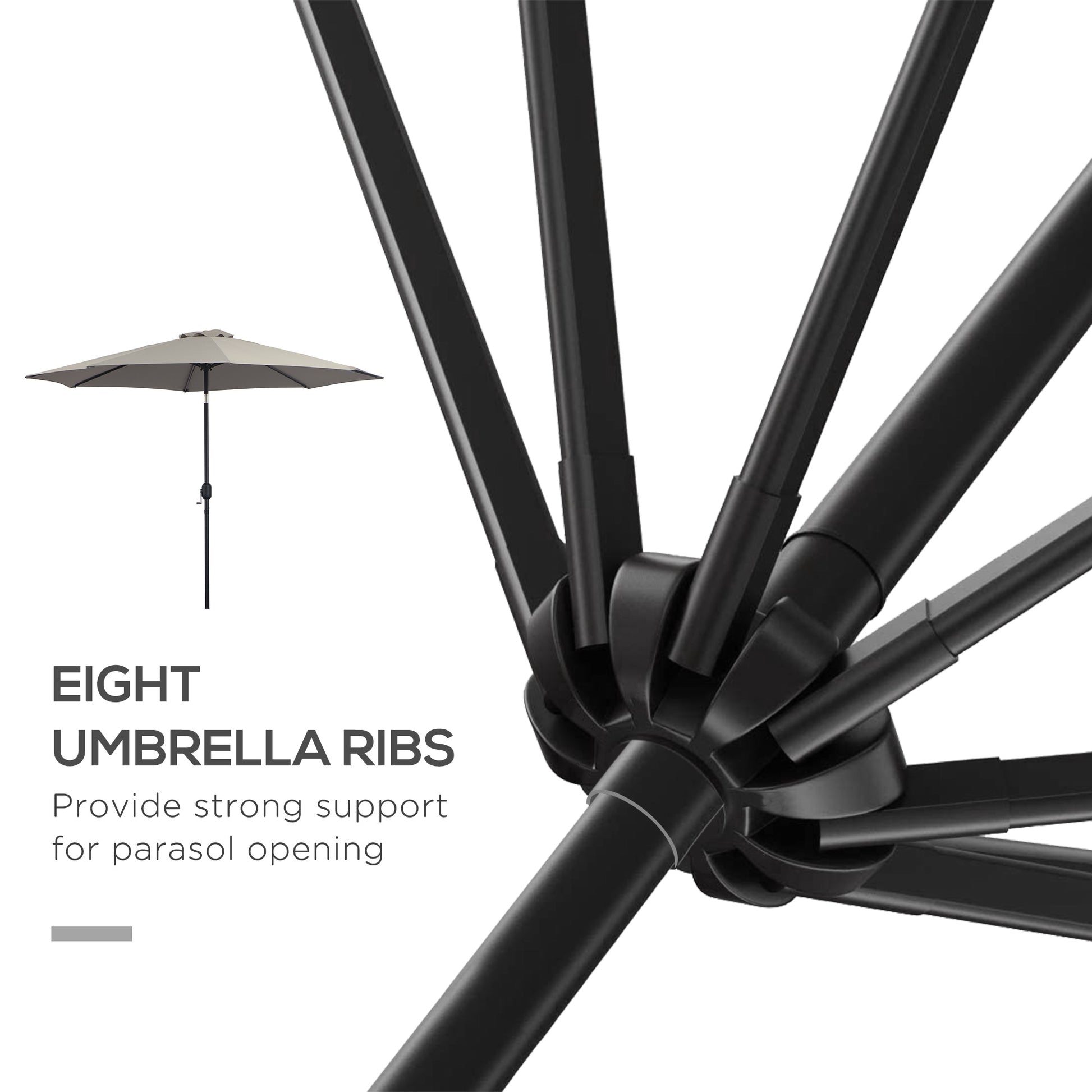 Black umbrella frame with eight ribs and a small beige umbrella on a white background.