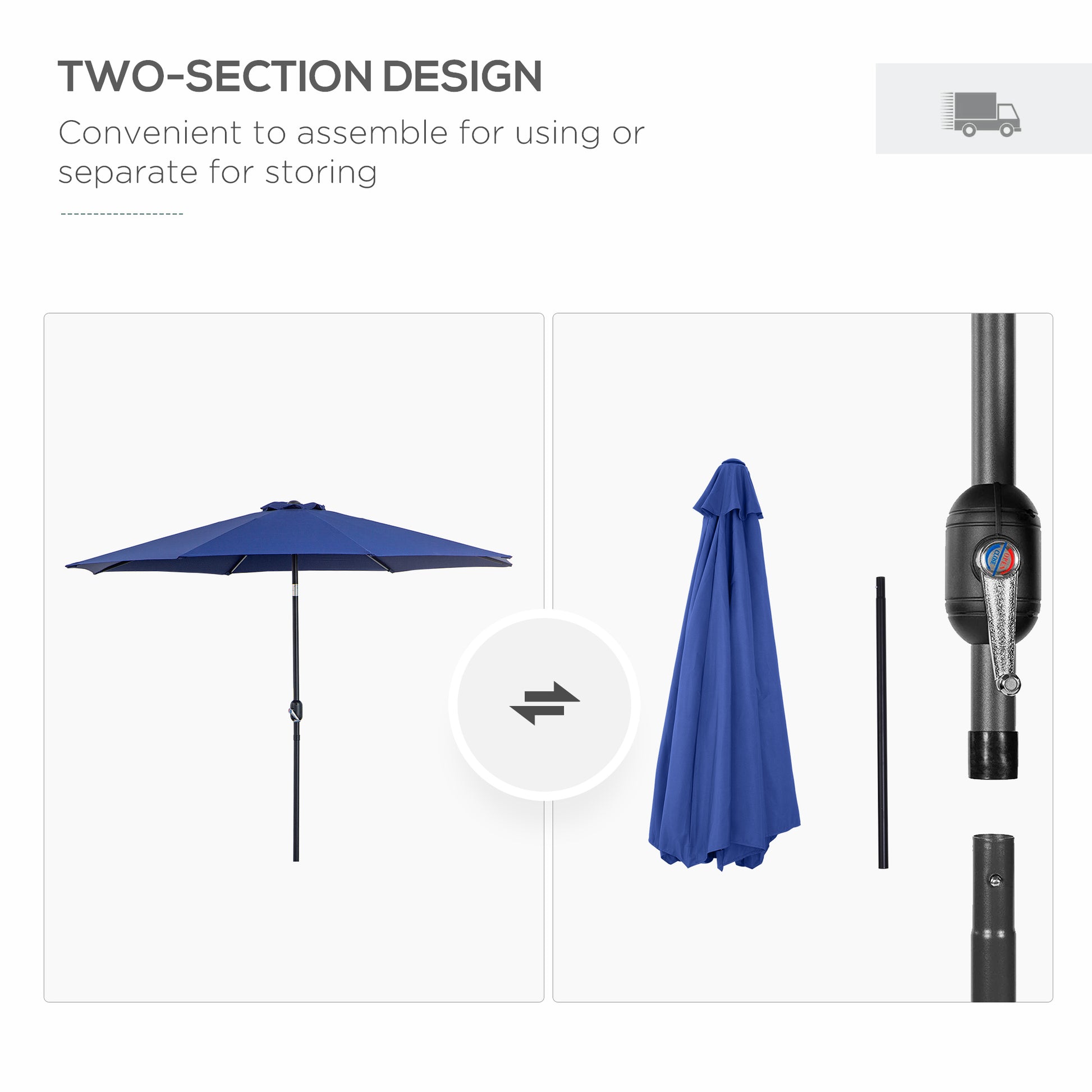 Blue patio umbrella with two-section design on a white background