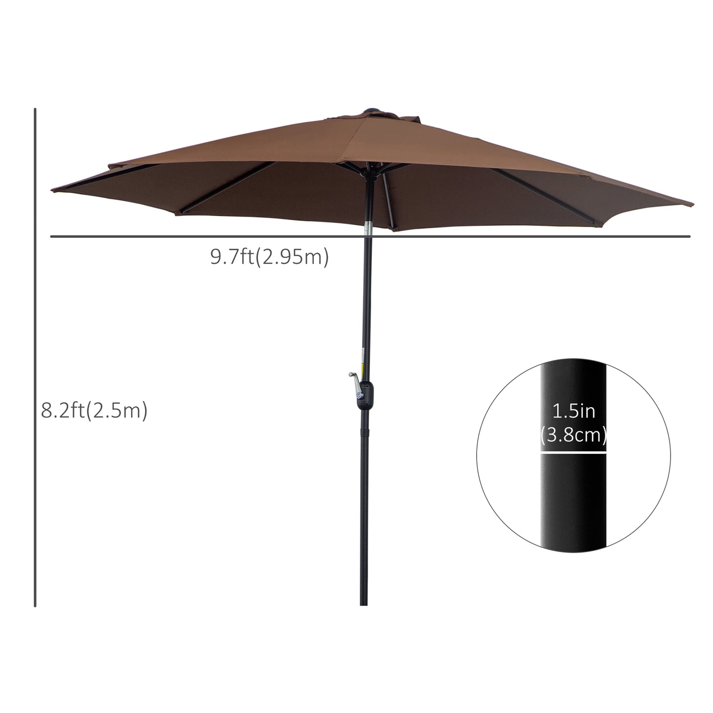 Brown patio umbrella with dimensions indicated on a white background
