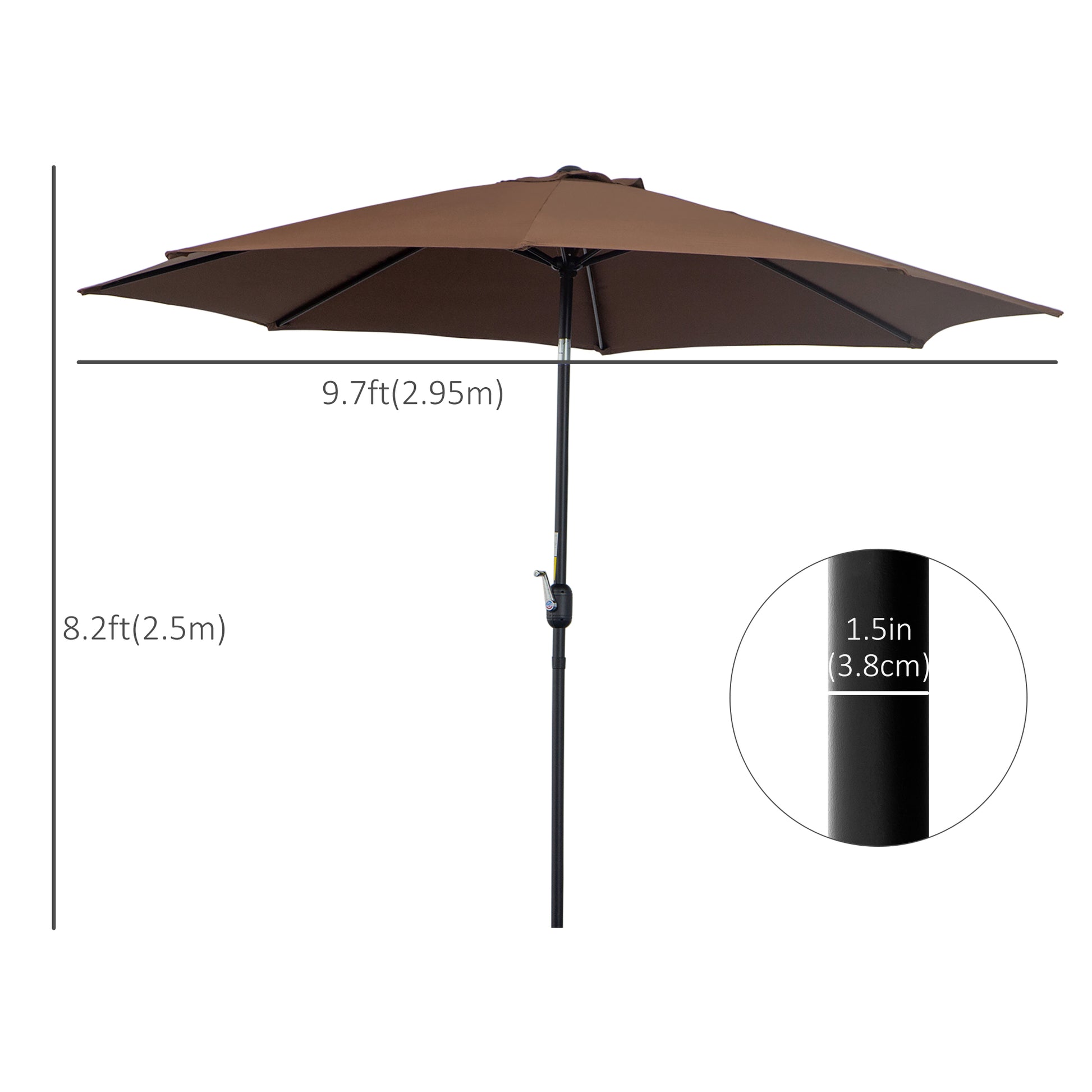 Brown patio umbrella with dimensions indicated on a white background