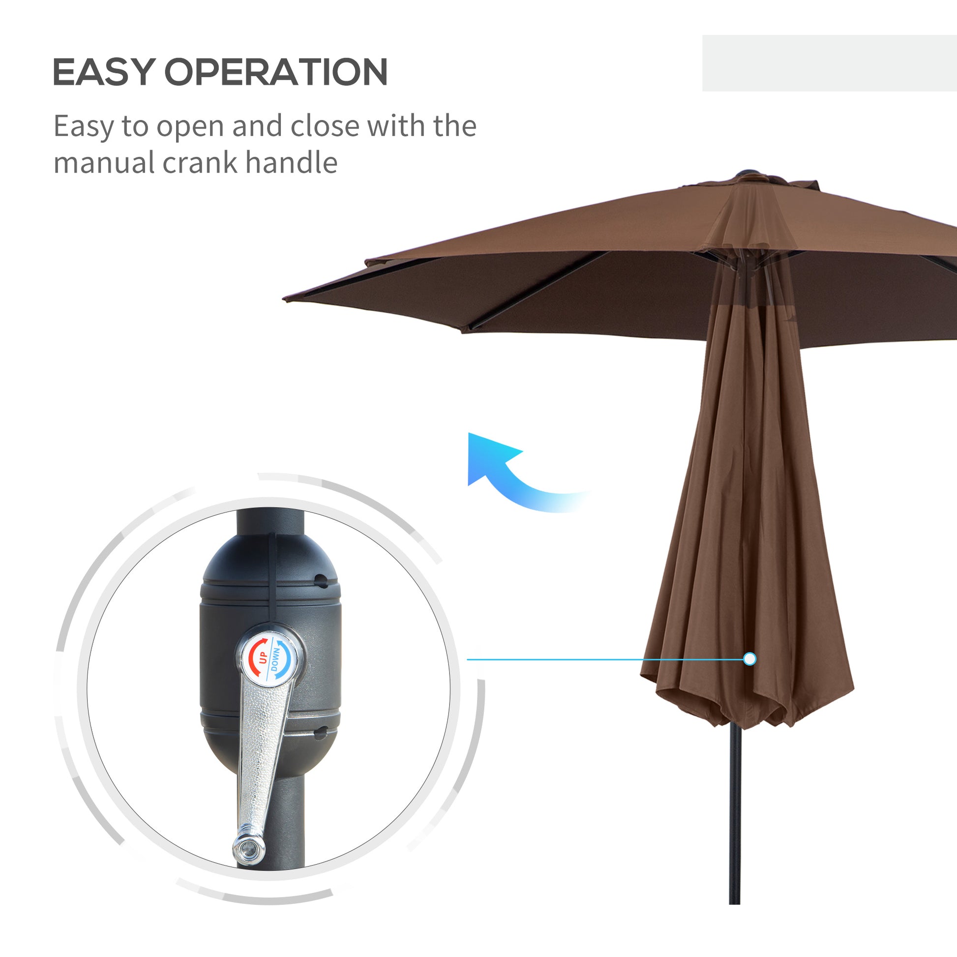 Brown patio umbrella with manual crank handle on a white background