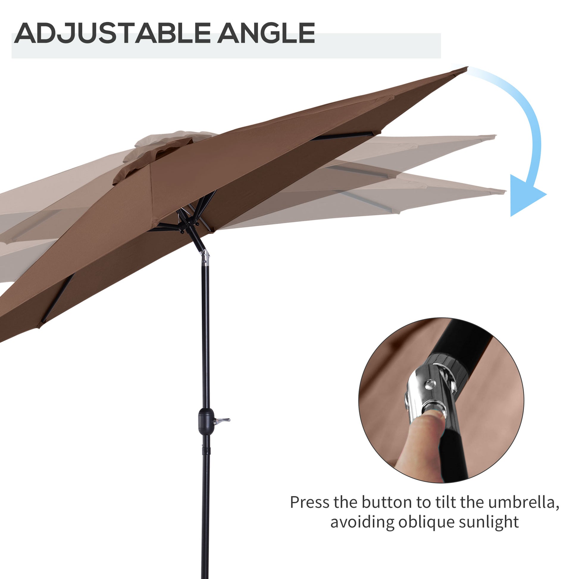 Brown patio umbrella with adjustable angle feature on a white background