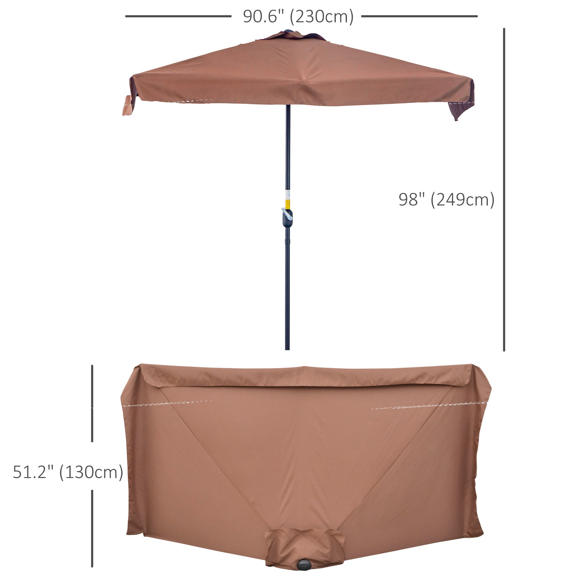 Brown patio umbrella with dimensions on a white background