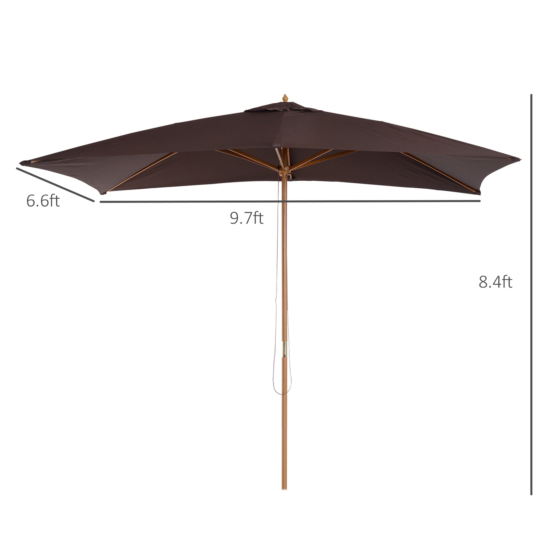 Brown patio umbrella with dimensions on a white background