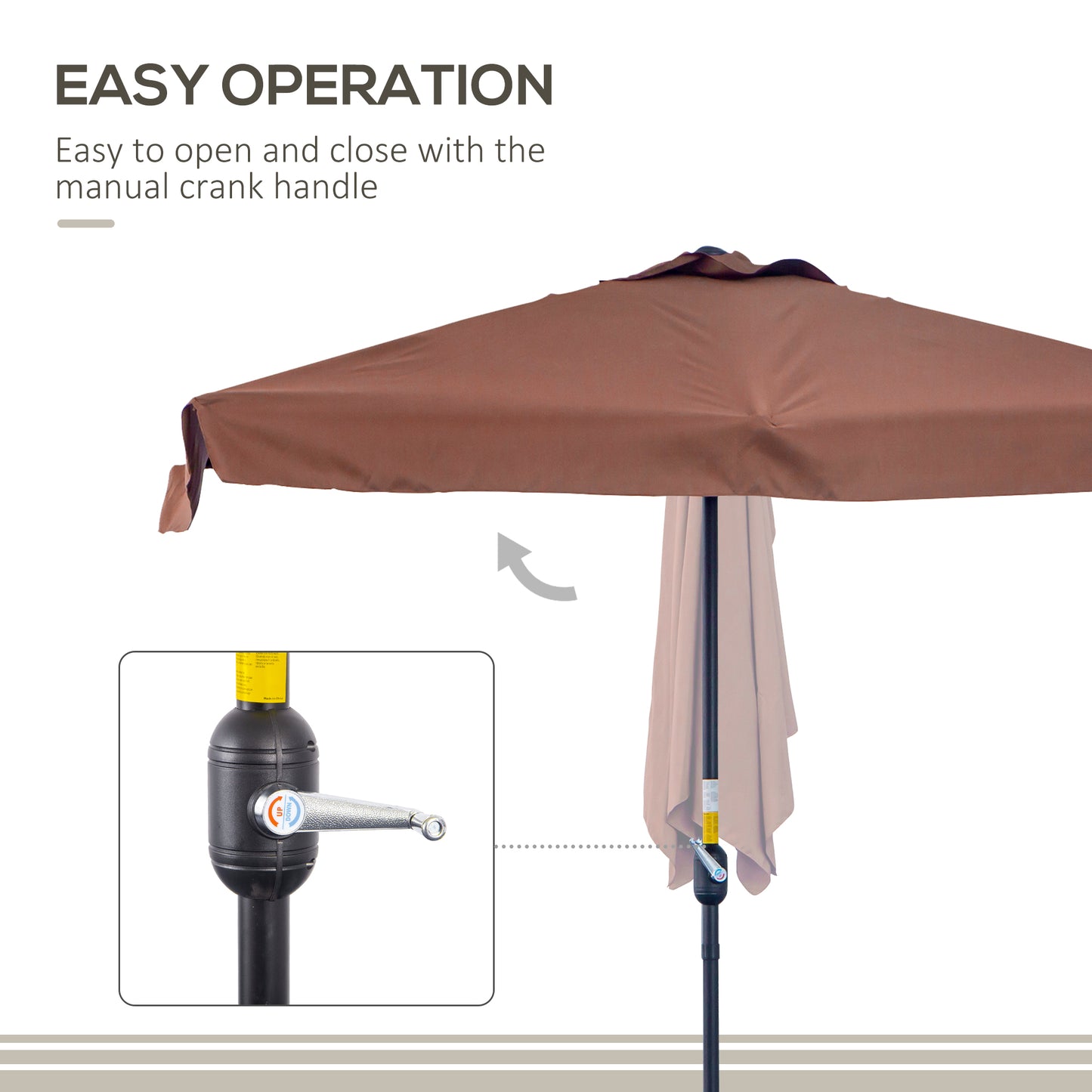 Brown patio umbrella with manual crank handle on a white background