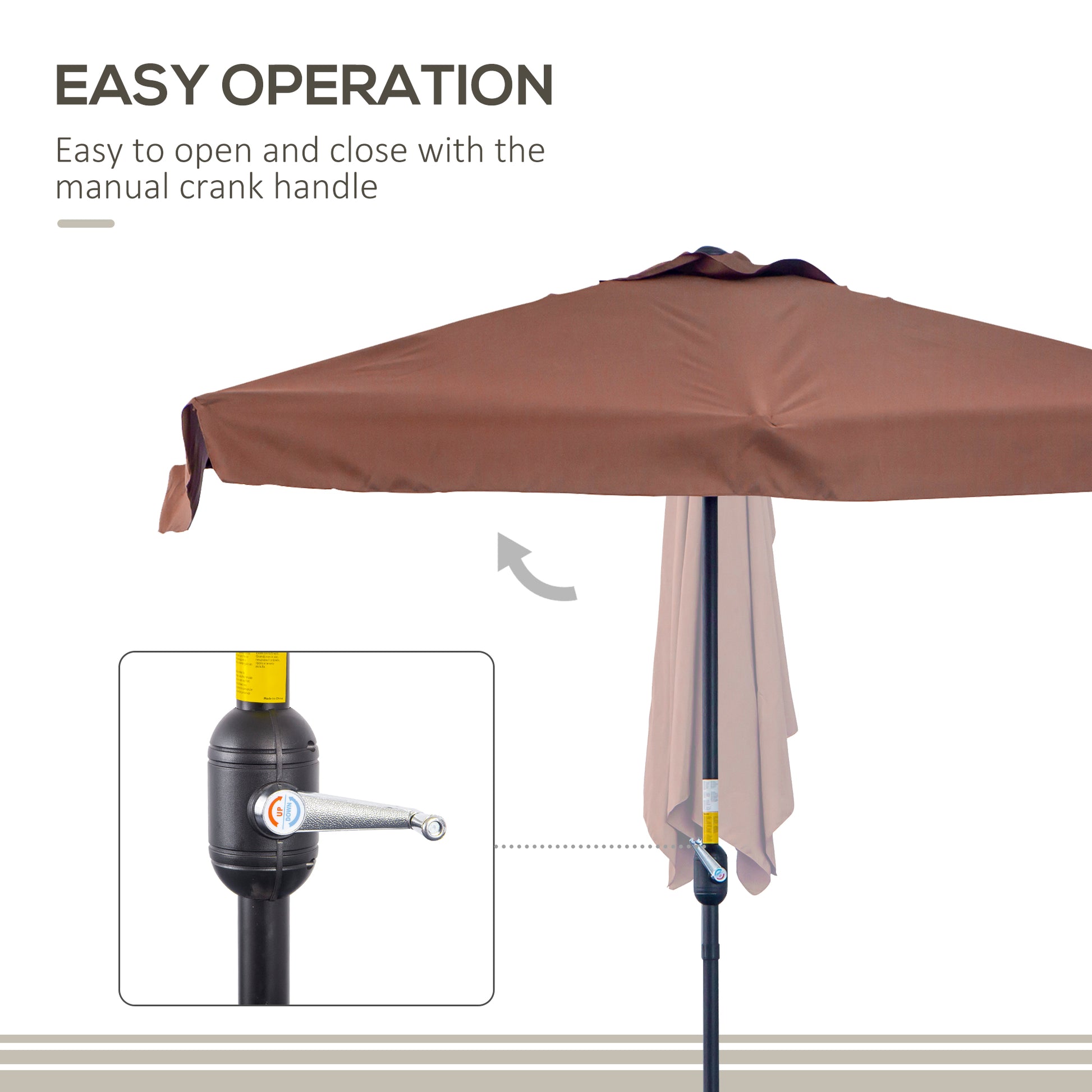 Brown patio umbrella with manual crank handle on a white background