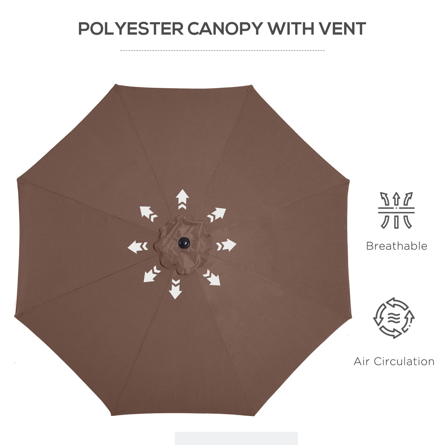 Brown patio umbrella with text 'Polyester Canopy with Vent' on a white background