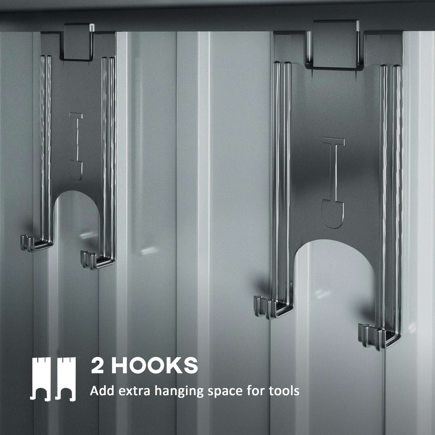 Close-up of two steel hanging hooks installed inside the shed for convenient tool storage.