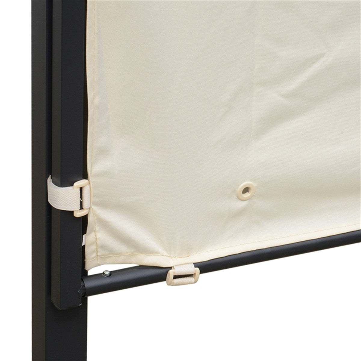 Close-up of a beige fabric panel with black frame and metal clips on a white background