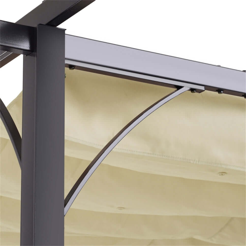 Close-up of a metal frame with beige fabric, likely part of an outdoor canopy or shelter.