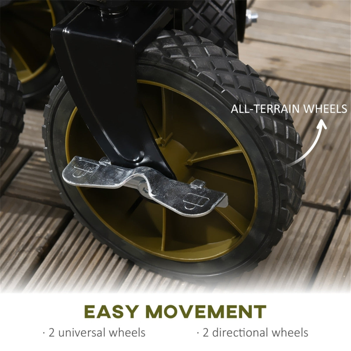 Close-up of a wheel with all-terrain features on a wooden surface, labeled 'All-Terrain Wheels' and 'Easy Movement'.