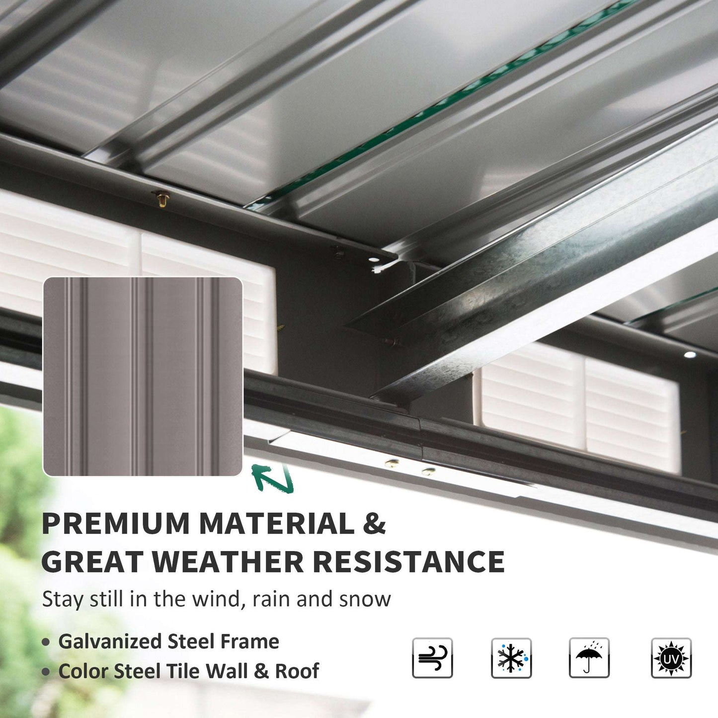 Close-up of galvanised steel roof with ventilation, highlighting the shed's durable construction and weather resistance.