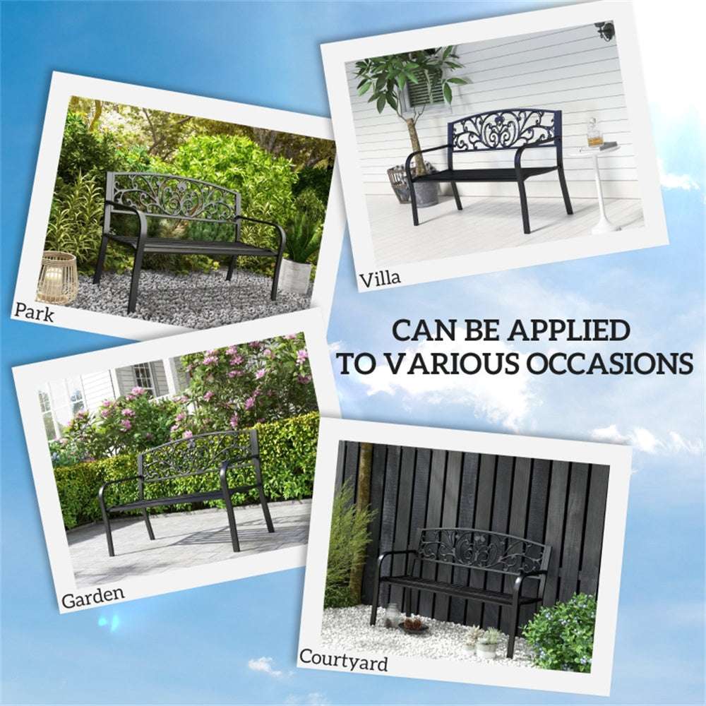 Collage of garden benches in different settings with text indicating versatility.