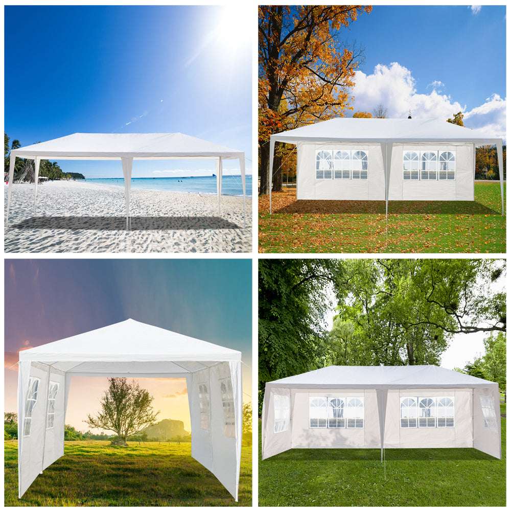 Collage of white party tents in various outdoor settings including beach, park, and forest.
