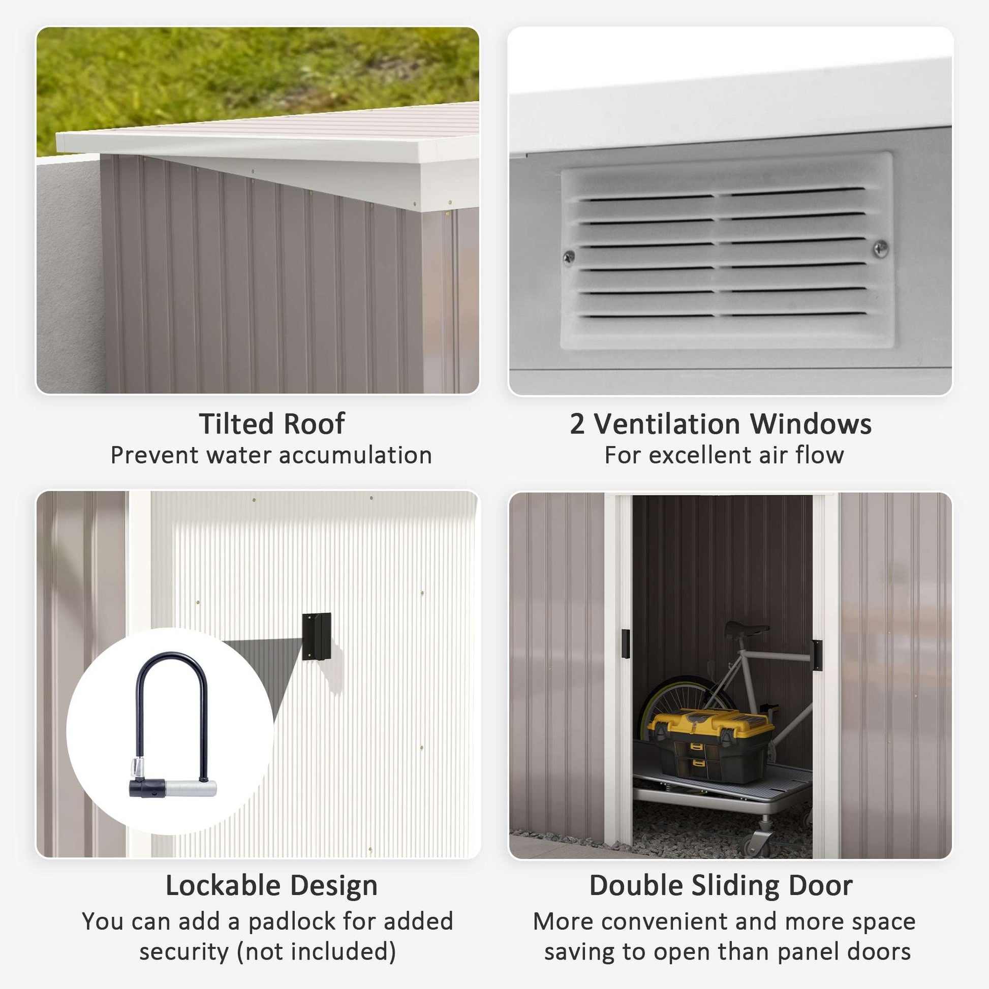 Collage showing features of the metal shed including ventilation windows, lockable sliding doors, and water-resistant tilted roof.