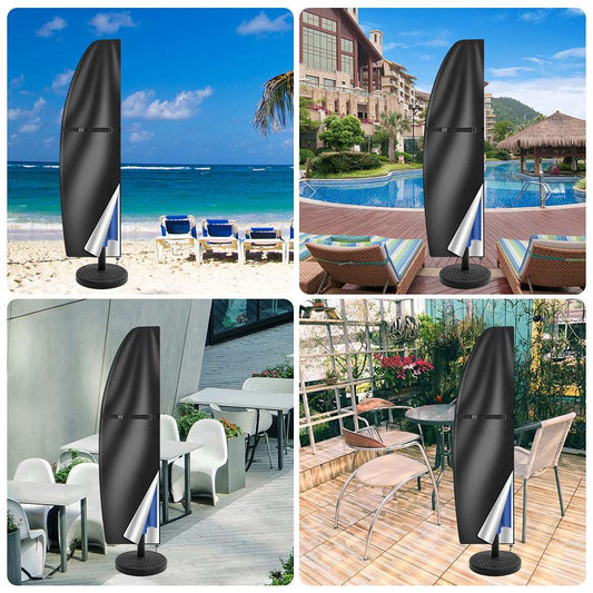 Collage of outdoor furniture covers in various settings including a beach, poolside, and patio.