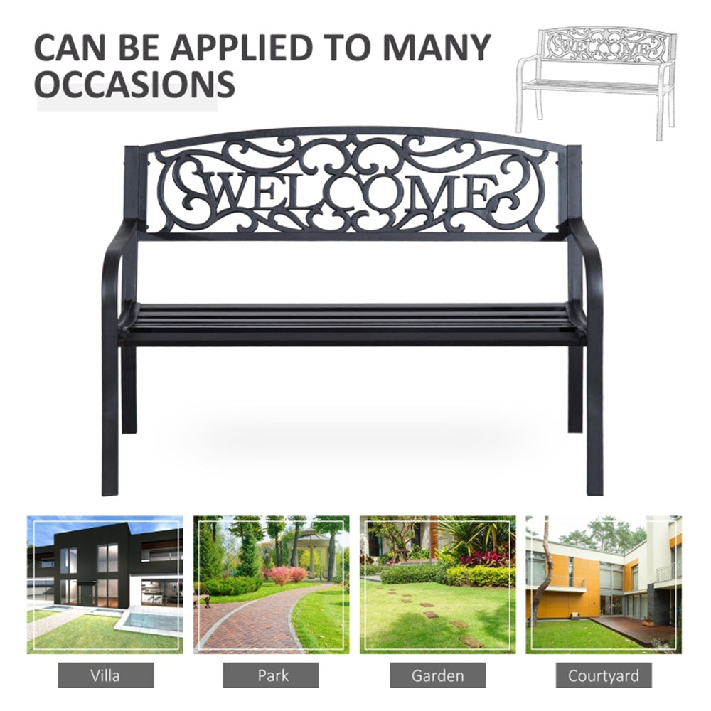 Decorative bench with 'WELCOME' text in a garden setting