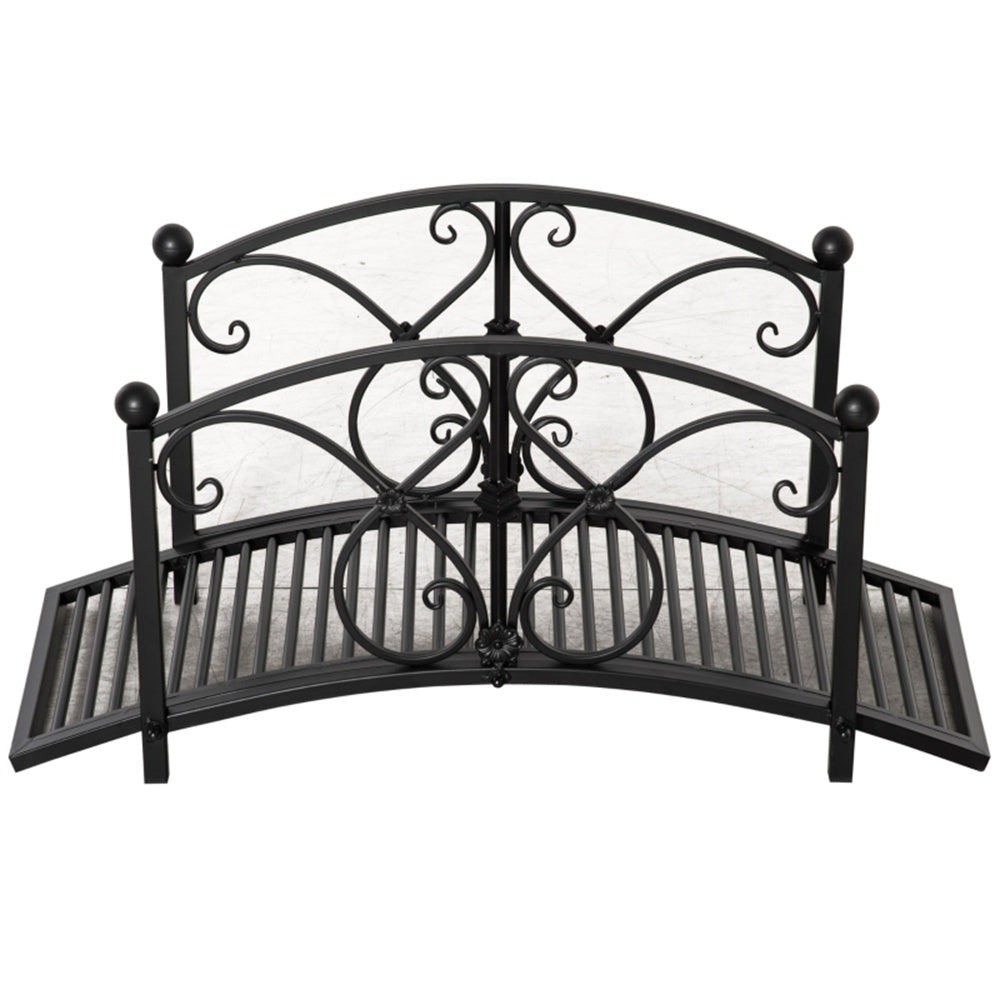 Decorative black metal garden bridge on a white background