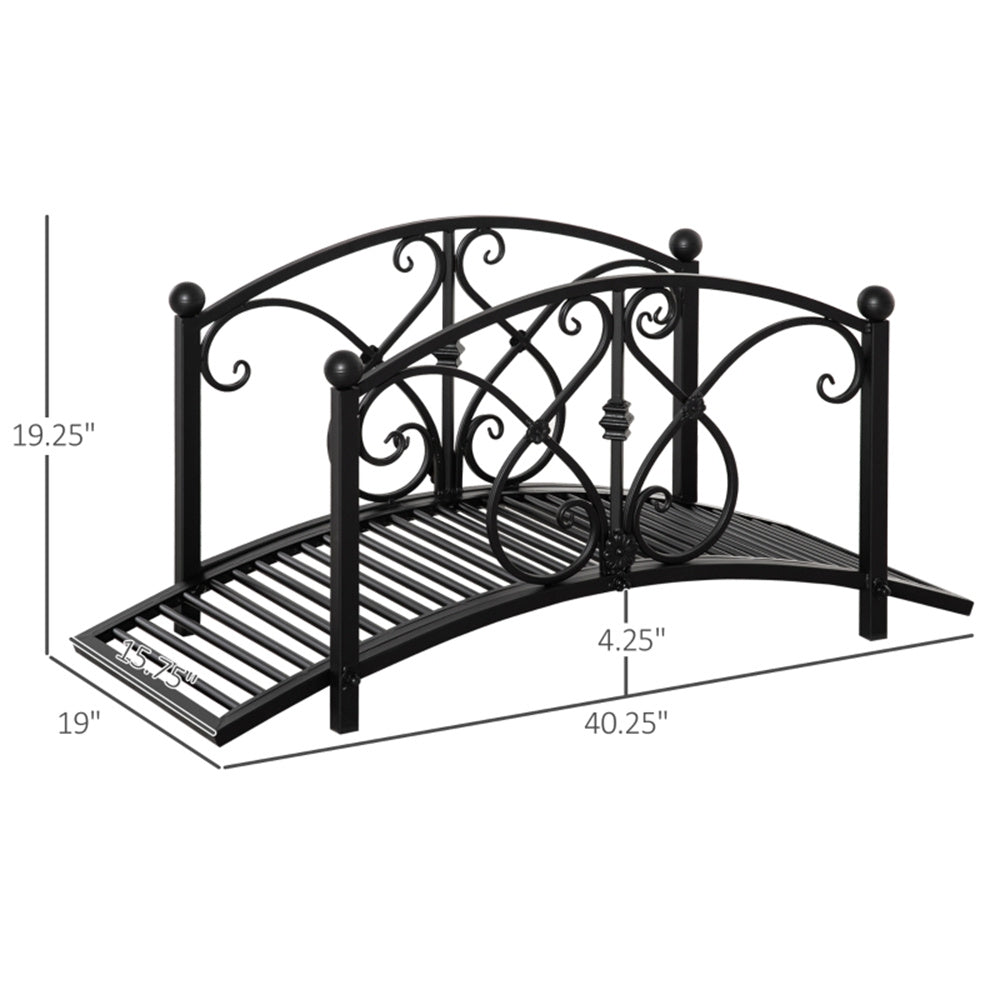 Decorative black metal garden bridge with dimensions on a white background