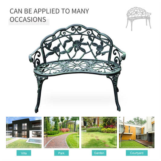 Decorative garden bench with decorative elements, shown in various outdoor settings.