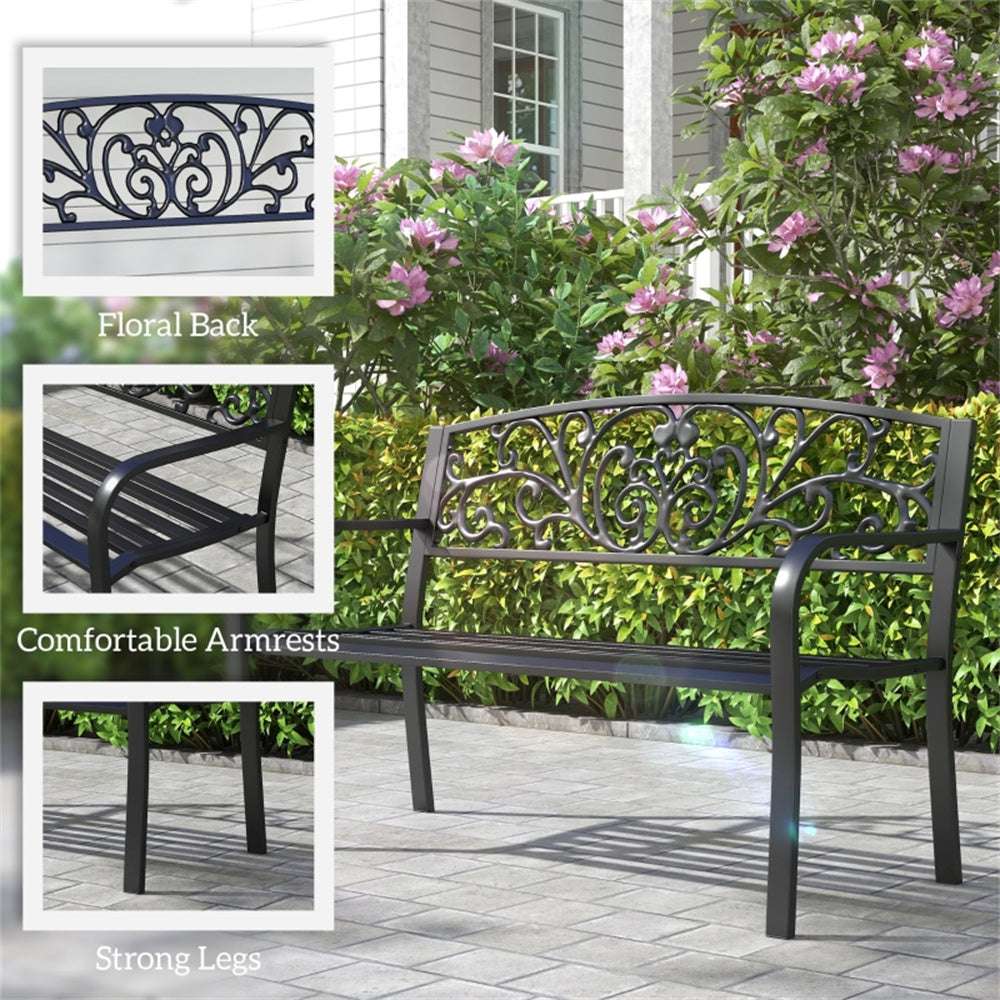 Decorative garden bench with floral back design on a patio
