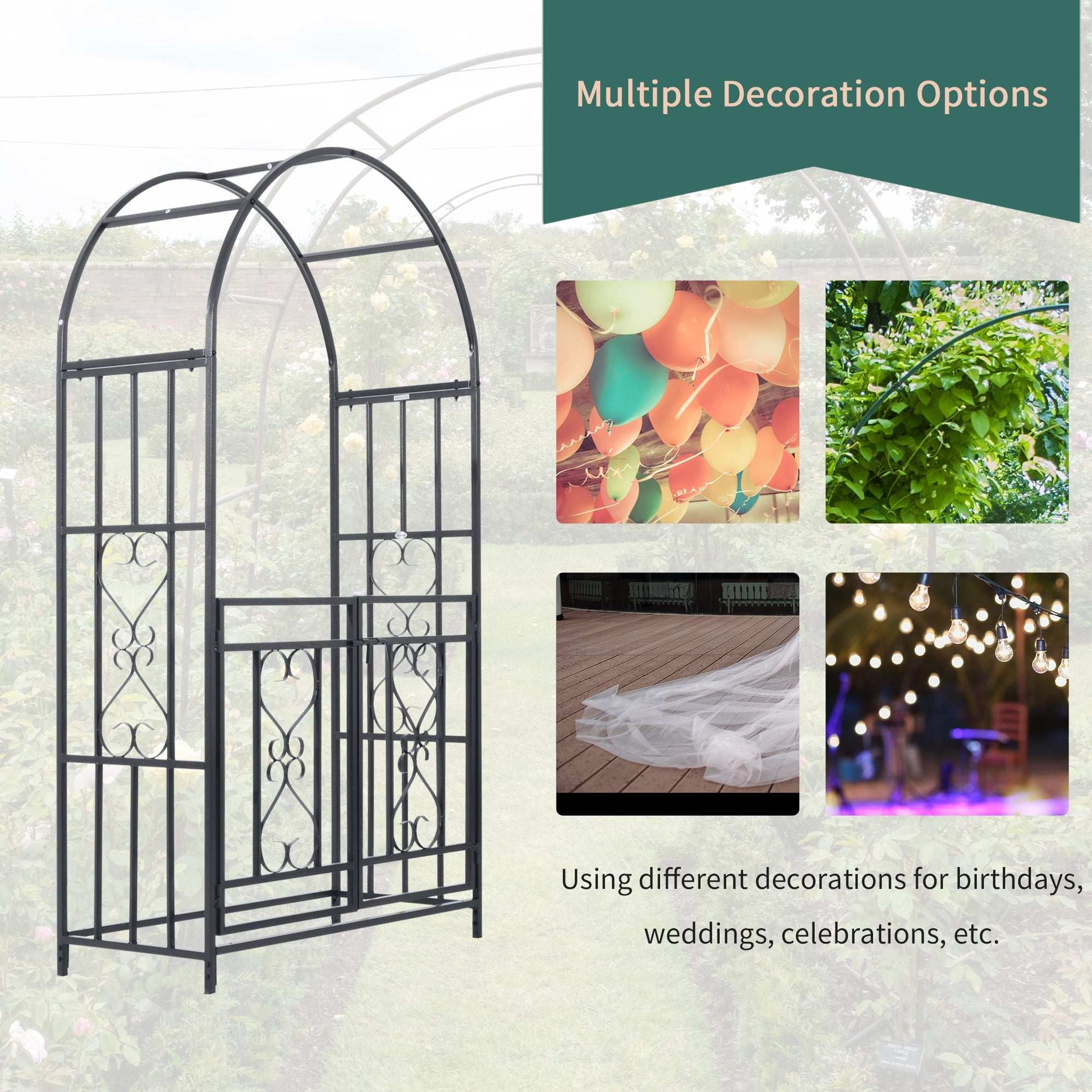 Decorative metal arch with images of decorations for various occasions on a light background