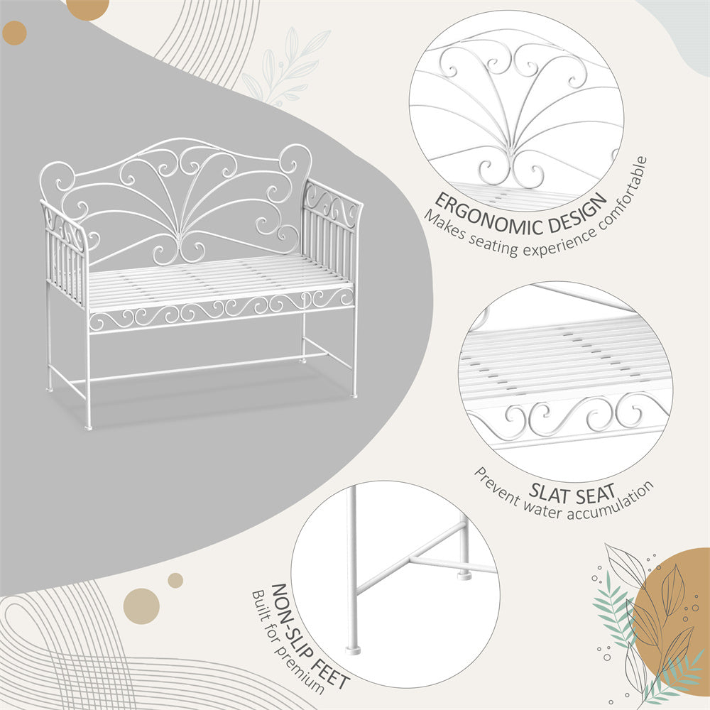 Decorative metal bench with ergonomic design features on a light grey background